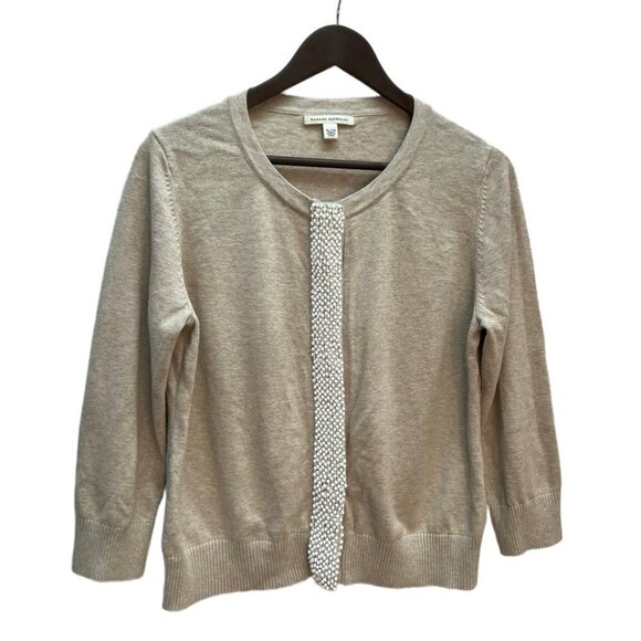 𝅺banana Republic Beige Cardigan Sweater 3/4 sleeve Beaded Front Size XL - Picture 2 of 10